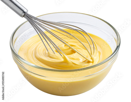  “Golden Pastry Cream in a Glass Bowl with Hand Whisk, isolated on a transparent background”