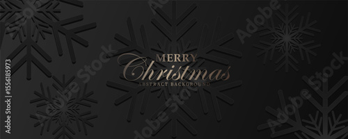 Christmas background with Shining gold Snowflakes. Lettering Merry Christmas card  Illustration. Dark snowflake paper cut background with shadow decoration.