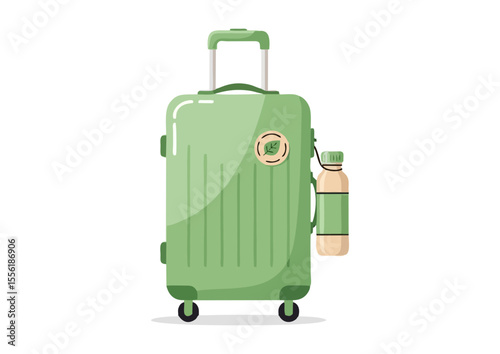 Eco travel suitcase with leaf badge and reusable bottle, clean and stylish design in soft green and beige tones