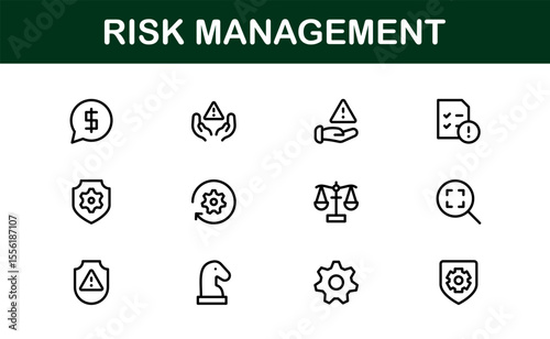 Risk Management Line Icon Set, Modern Minimal Collection of Business, Finance, and Crisis Control Symbols in Clean and Professional Vector Style