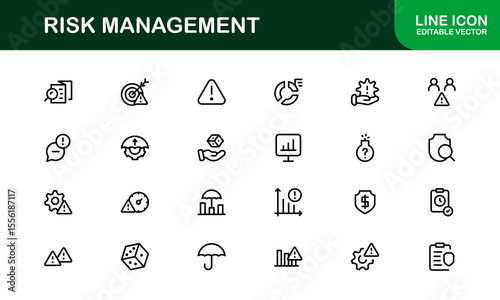 Risk Management Line Icon Set, Modern Minimal Collection of Business, Finance, and Crisis Control Symbols in Clean and Professional Vector Style