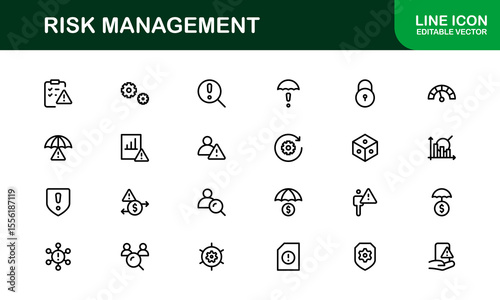 Risk Management Line Icon Set, Modern Minimal Collection of Business, Finance, and Crisis Control Symbols in Clean and Professional Vector Style