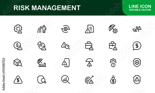 Risk Management Line Icon Set, Modern Minimal Collection of Business, Finance, and Crisis Control Symbols in Clean and Professional Vector Style
