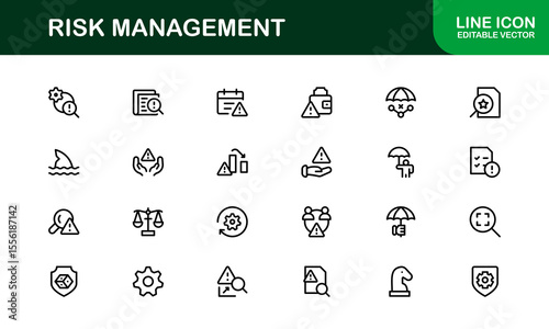 Risk Management Line Icon Set, Modern Minimal Collection of Business, Finance, and Crisis Control Symbols in Clean and Professional Vector Style