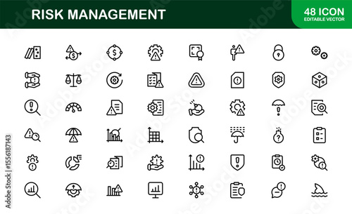 Risk Management Line Icon Set, Modern Minimal Collection of Business, Finance, and Crisis Control Symbols in Clean and Professional Vector Style