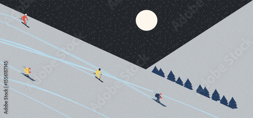Night winter scene with skiers on a snowy mountain slope under dark blue sky.  Flat vector illustration great for winter travel, ski resort promotions, and seasonal advertising.