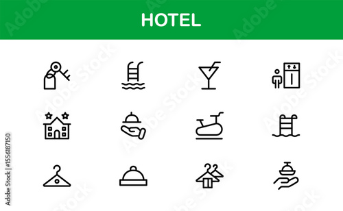 Hotel Line Icon Collection – Modern, Minimal Outline Symbols of Hospitality, Booking, Rooms, Travel, and Accommodation Services for Premium Designs