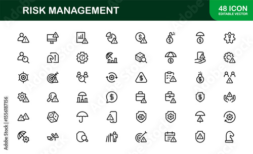 Risk Management Line Icon Set, Modern Minimal Collection of Business, Finance, and Crisis Control Symbols in Clean and Professional Vector Style
