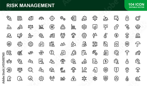 Risk Management Line Icon Set, Modern Minimal Collection of Business, Finance, and Crisis Control Symbols in Clean and Professional Vector Style