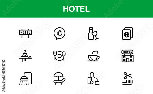 Hotel Line Icon Collection – Modern, Minimal Outline Symbols of Hospitality, Booking, Rooms, Travel, and Accommodation Services for Premium Designs