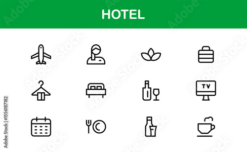 Hotel Line Icon Collection – Modern, Minimal Outline Symbols of Hospitality, Booking, Rooms, Travel, and Accommodation Services for Premium Designs