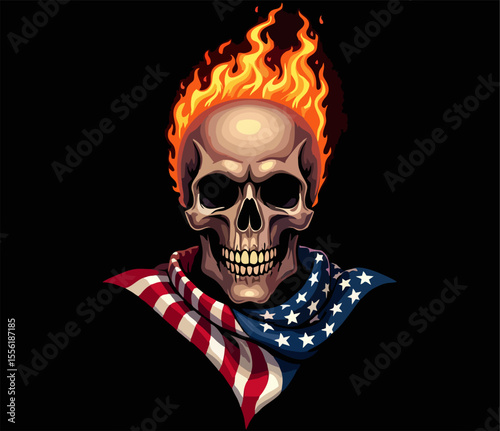 Biker vector t-shirt design with fire human skull
with usa flag, flame on black background.
Fashionable print for fabric, paper, men clothing,
hoodie, jacket. T shirt template.