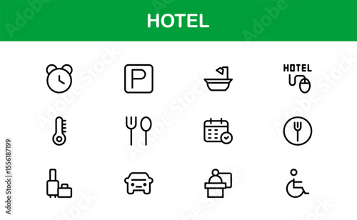 Hotel Line Icon Collection – Modern, Minimal Outline Symbols of Hospitality, Booking, Rooms, Travel, and Accommodation Services for Premium Designs