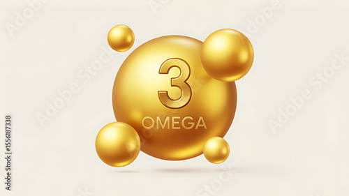 Golden omega 3 capsule with smaller spheres representing healthy fats and nutrients