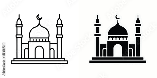 A minimalist illustration of a mosque in two variations side by side