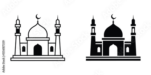 A minimalist illustration of a mosque in two variations side by side