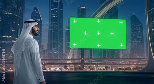 Emirati Man Contemplates a Giant Green Screen Billboard in a Modern Cityscape at Night