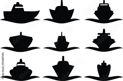 Silhouettes of ship fronts sailing on waves in black vector icon set