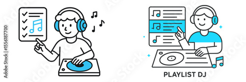 Young DJ creating a music playlist while mixing tracks in a vibrant studio environment