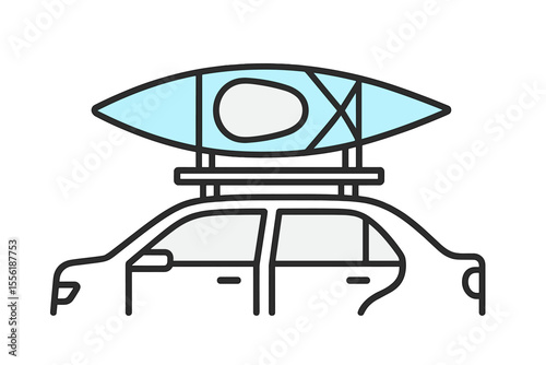 Car with kayak on roof rack ready for adventure on a sunny day by the water