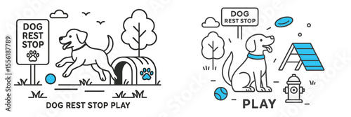 Dog rest stop and play area designed for pets with signs indicating facilities and fun activities at a park