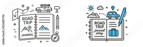Creative journal entries for a road trip adventure with travel gear and scenic illustrations