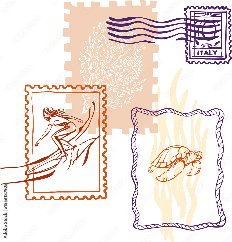 Obraz premium La Dolce Vita. Modern abstract composition of isolated line illustrations on the theme of summer, sea, vacation, travel on a transparent base in a cute, bright style for posters, design