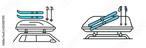 Ski gear secured on a vehicle roof rack ready for a winter adventure in the mountains