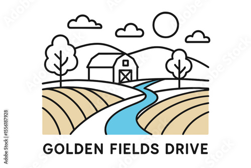 Golden Fields Drive showcases serene landscapes with barns, rivers, and rolling hills under a clear sky