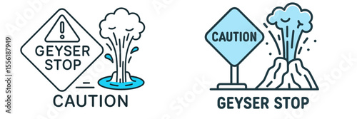 Caution signs indicating geysers in a natural park with erupting steam and water, highlighting potential hazards in outdoor environments