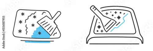 Scraping snow and ice from a car windshield during winter mornings in a snowy urban environment
