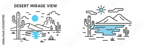 Desert mirage view with cacti, mountains, and reflections in water under a bright sun in a calm setting