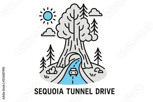 Sequoia Tunnel Drive showcases a majestic tree tunnel along the scenic route with sunlight and clouds above
