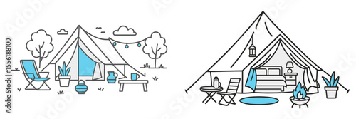 Various styles of tents in an outdoor camping setting showcasing relaxation and adventure