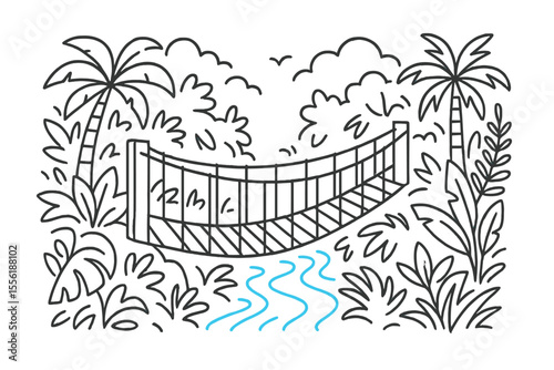 Scenic suspension bridge surrounded by lush greenery and palm trees in a tropical landscape