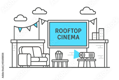 Outdoor rooftop cinema setup featuring large screen and comfy seating for movie night under the stars