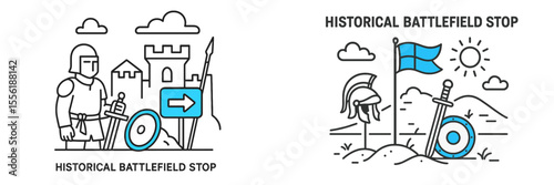 Illustrations of a historical battlefield stop sign showing a knight and symbols of medieval warfare at a historical site
