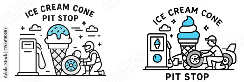 Creative ice cream cone pit stop design with racing theme and playful elements featuring a car and ice cream