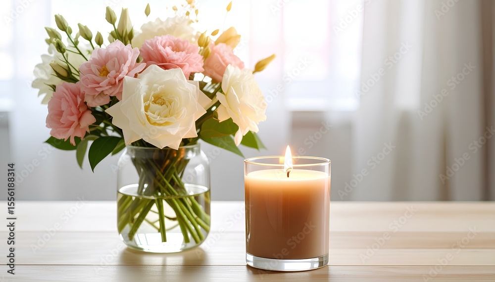 Obraz premium bouquet of roses and candle on the table