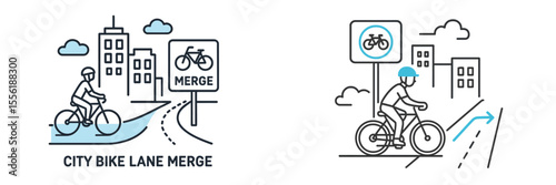 City bike lane merge and cyclist safety signage in urban environment with cyclist in action