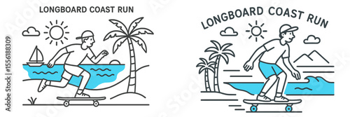 Longboard coast run showcases skater enjoying a sunny day by the beach with palm trees and ocean views