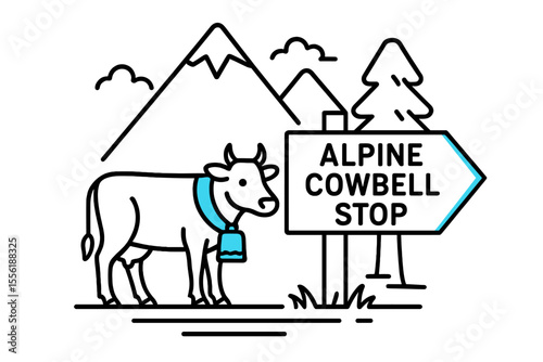 Cow with bell near alpine cowbell stop sign and mountains at sunny day in serene landscape