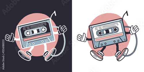 Retro cartoon cassette tape character illustration with playful limbs and vintage style, perfect for nostalgic music designs, t-shirts, stickers, pop culture artwork, and creative branding visuals