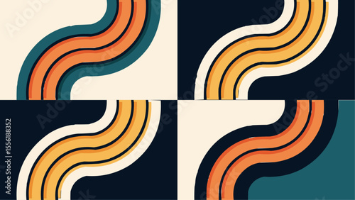 Retro abstract wavy line pattern with curved stripes in orange, yellow, teal, and navy on a geometric grid layout, perfect for vintage backgrounds, textile prints, posters, and digital design