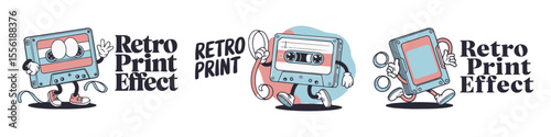 Retro cartoon cassette tape characters with playful expressions and retro print effect style in blue and red tones, perfect for nostalgic designs, stickers, t-shirts, branding, and pop culture art
