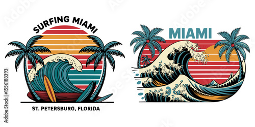 Vintage retro surfing Miami beach illustration featuring palm trees, ocean waves, sunset stripes, and surfboards, perfect for summer t-shirts, travel posters, beach branding, and coastal art