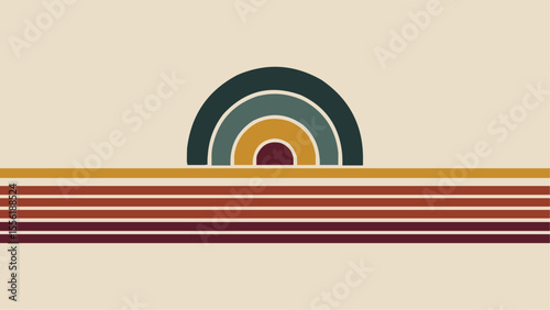 Minimalist retro sunset illustration with bold horizontal lines and half rainbow design in earthy vintage colors on beige background, perfect for wall art, posters, prints, and graphic decor projects