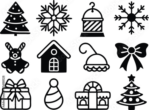 Black Christmas icon set with tree, gift, snowflake, house and winter elements