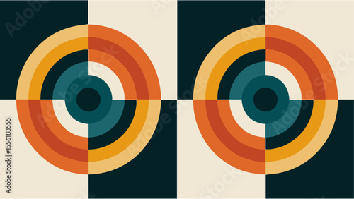 Seamless geometric abstract pattern with concentric retro circles in earthy tones of orange, teal, and cream, ideal for vintage backgrounds, fabric prints, wall art, and digital design projects