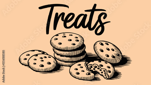 Vintage style hand-drawn chocolate chip cookies illustration with text Treats on beige background, perfect for bakery branding, dessert packaging, cafe menu, retro food art and snack advertisement